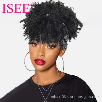 ISEE Hot Selling Short Afro Virgin Hair Half Puff Wrap Wig, Pineapple Human Hair Drawstring Wrap Scarf Headband Wig With Bangs